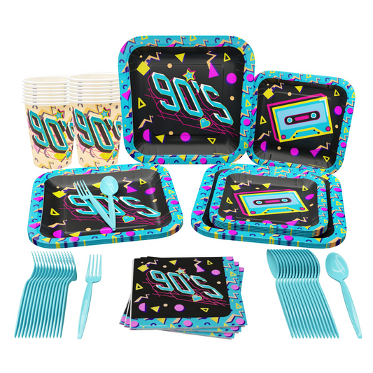 Blue Orchards 90s Party Supplies Pack (116 Pieces for 16 Guests)