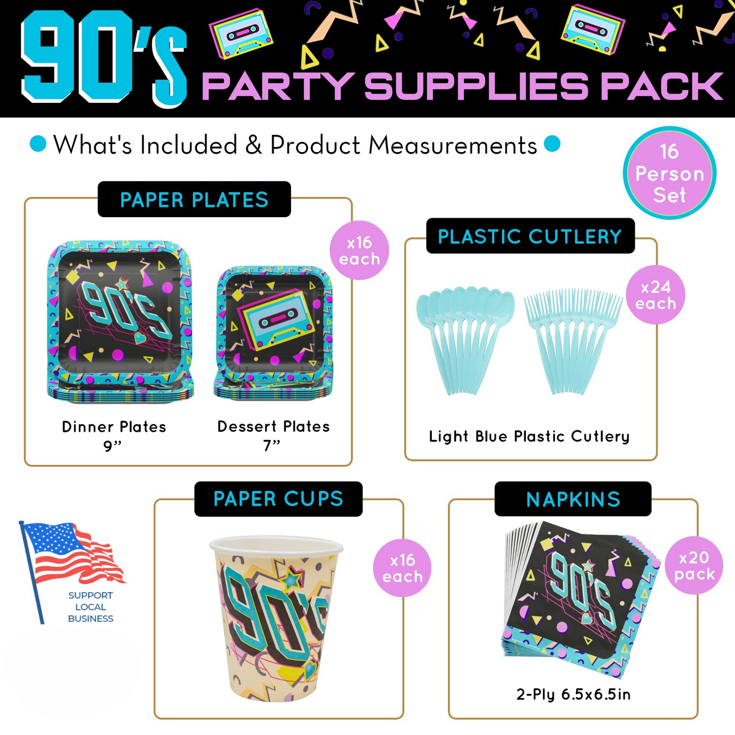 Blue Orchards 90s Party Supplies Pack (116 Pieces for 16 Guests)