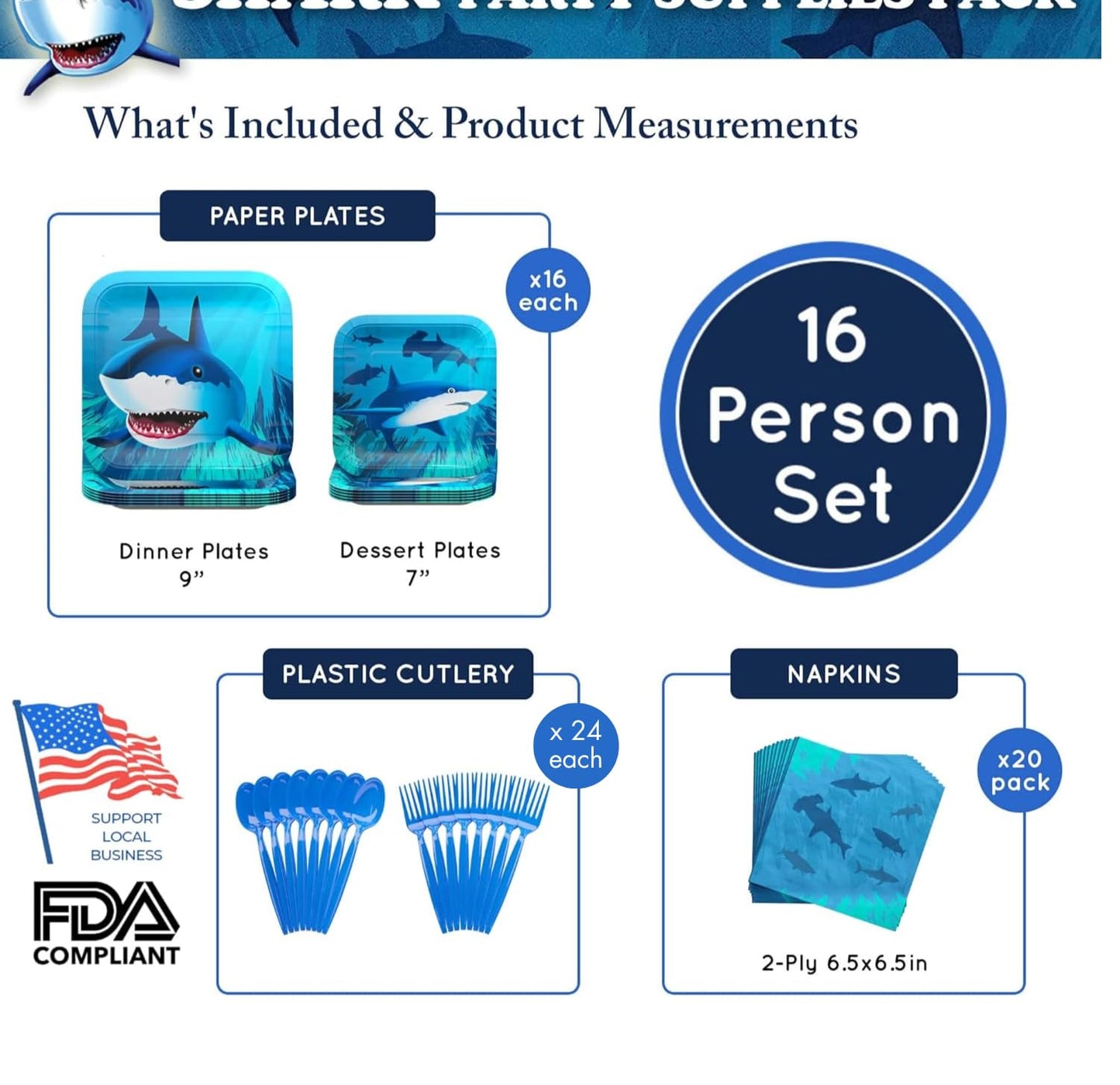 Shark Party Supplies Packs (100 Pieces for 16 Guests)