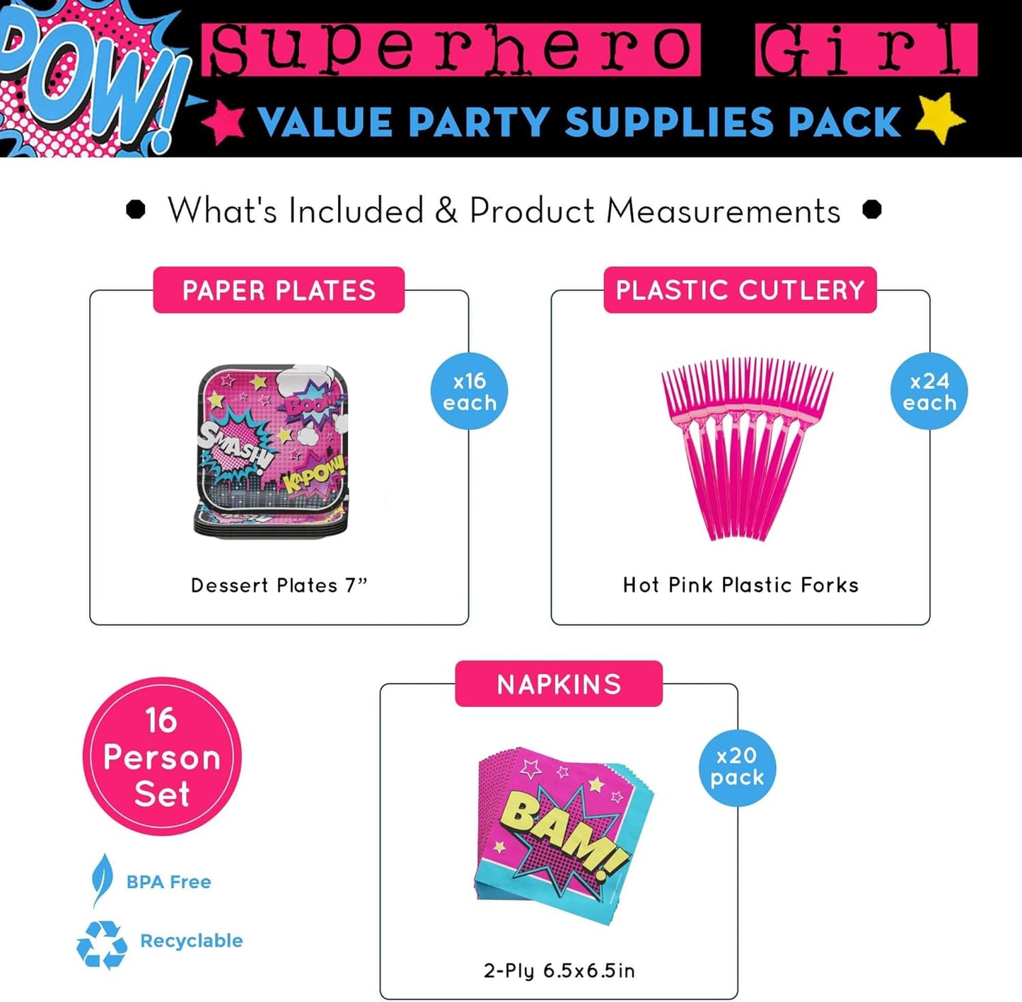 Superhero Girl Value Party Supplies Pack (60 Pieces for 16 Guests)