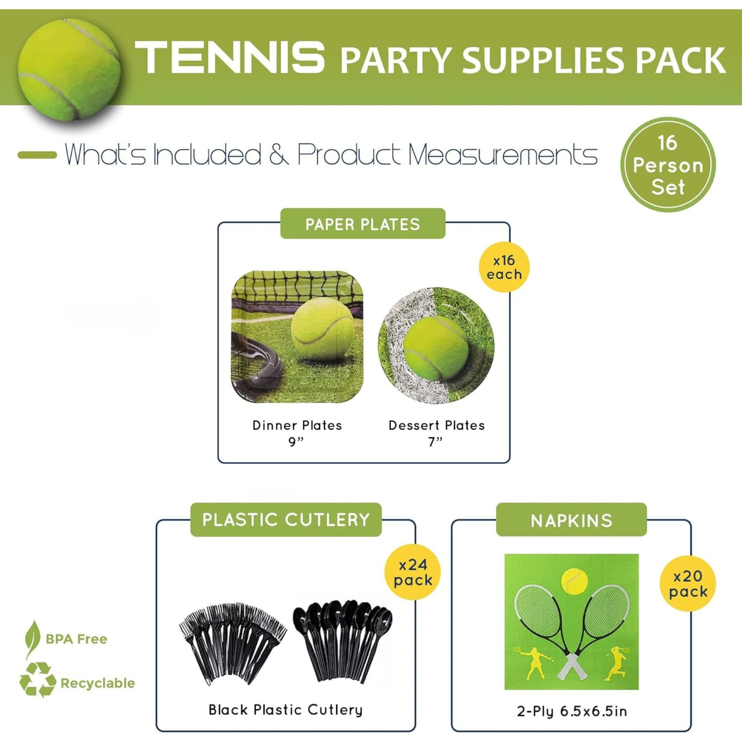 Tennis Party Supplies Packs (For 16 Guests)