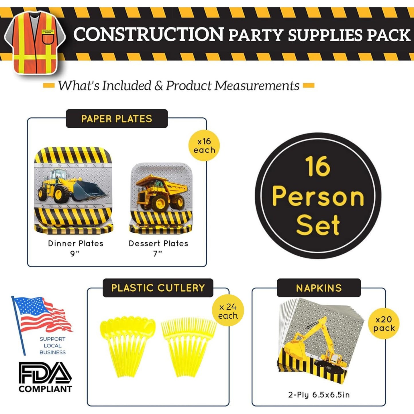 Construction Party Supplies Packs (For 16 Guests)