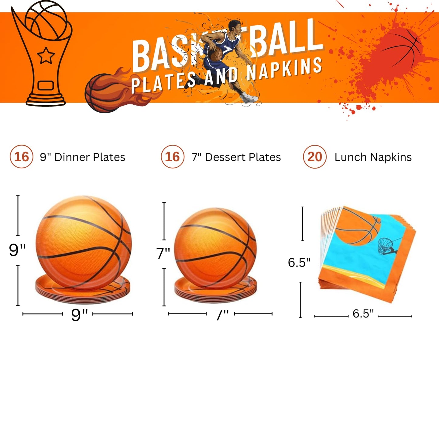 Basketball Plates and Napkins (52 Pieces for 16 Guests)