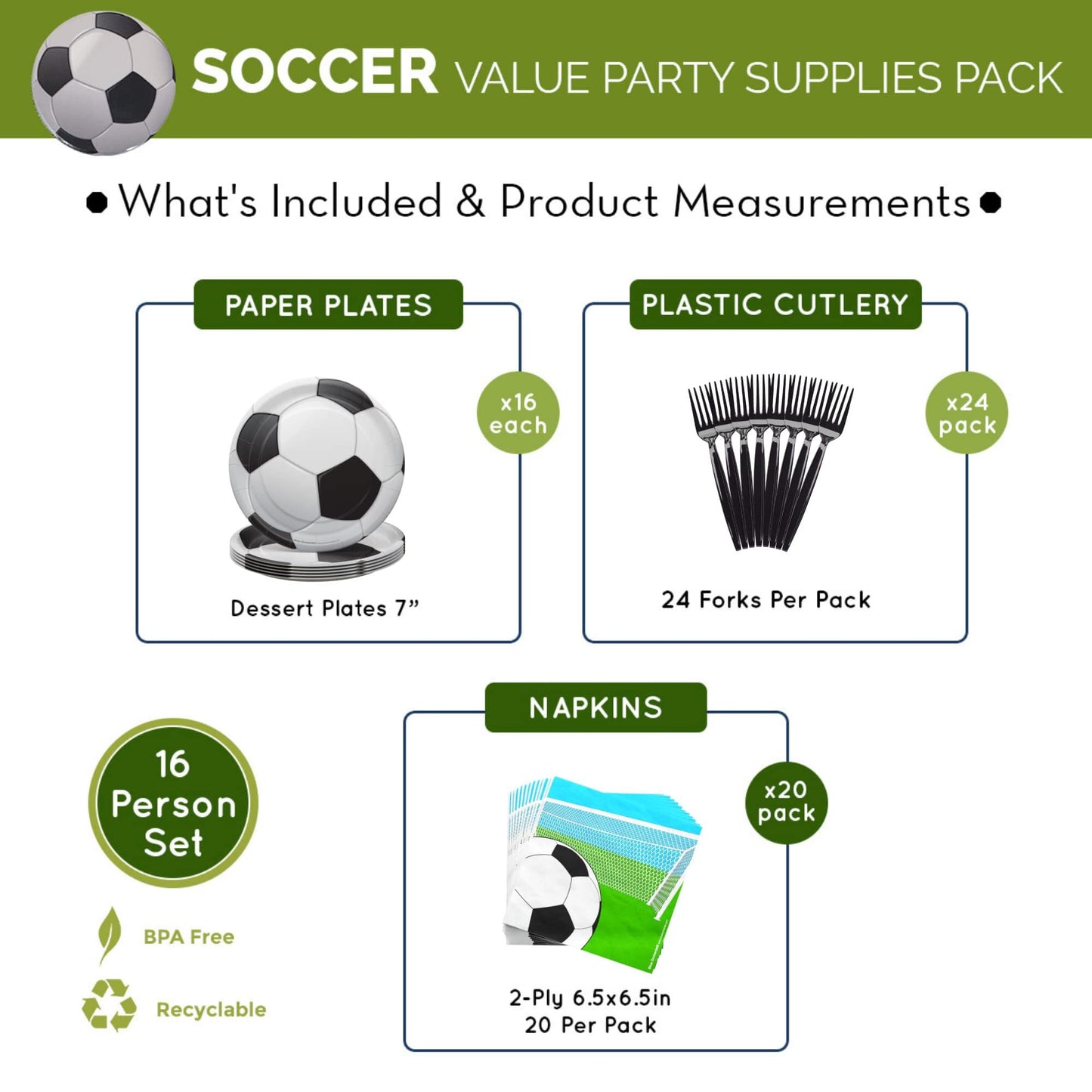 Soccer Value Party Supplies Pack (60 Pieces for 16 Guests)
