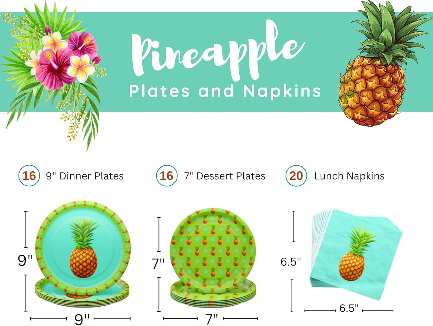Pineapple Plates and Napkins (52 Pieces for 16 Guests)
