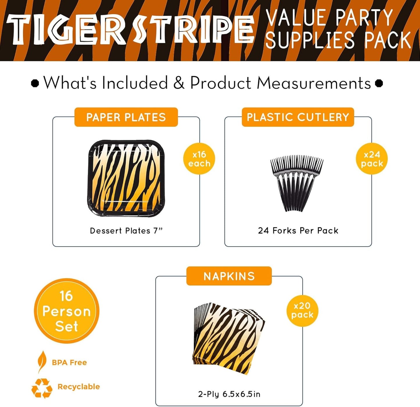 Tiger Stripe Value Party Supplies Pack (60 Pieces for 16 Guests)