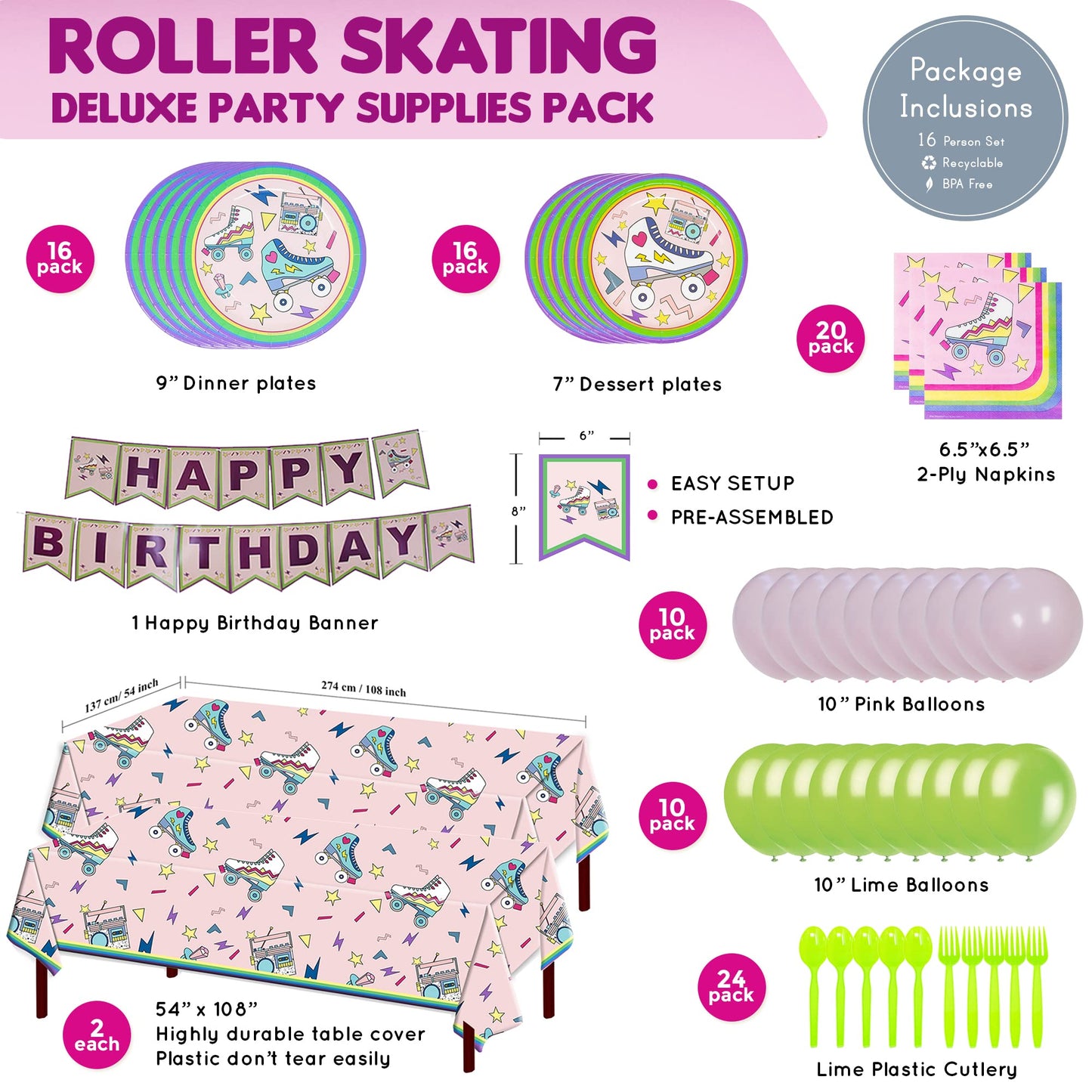 Roller Skate Deluxe Party Supplies Packs (For 16 Guests)