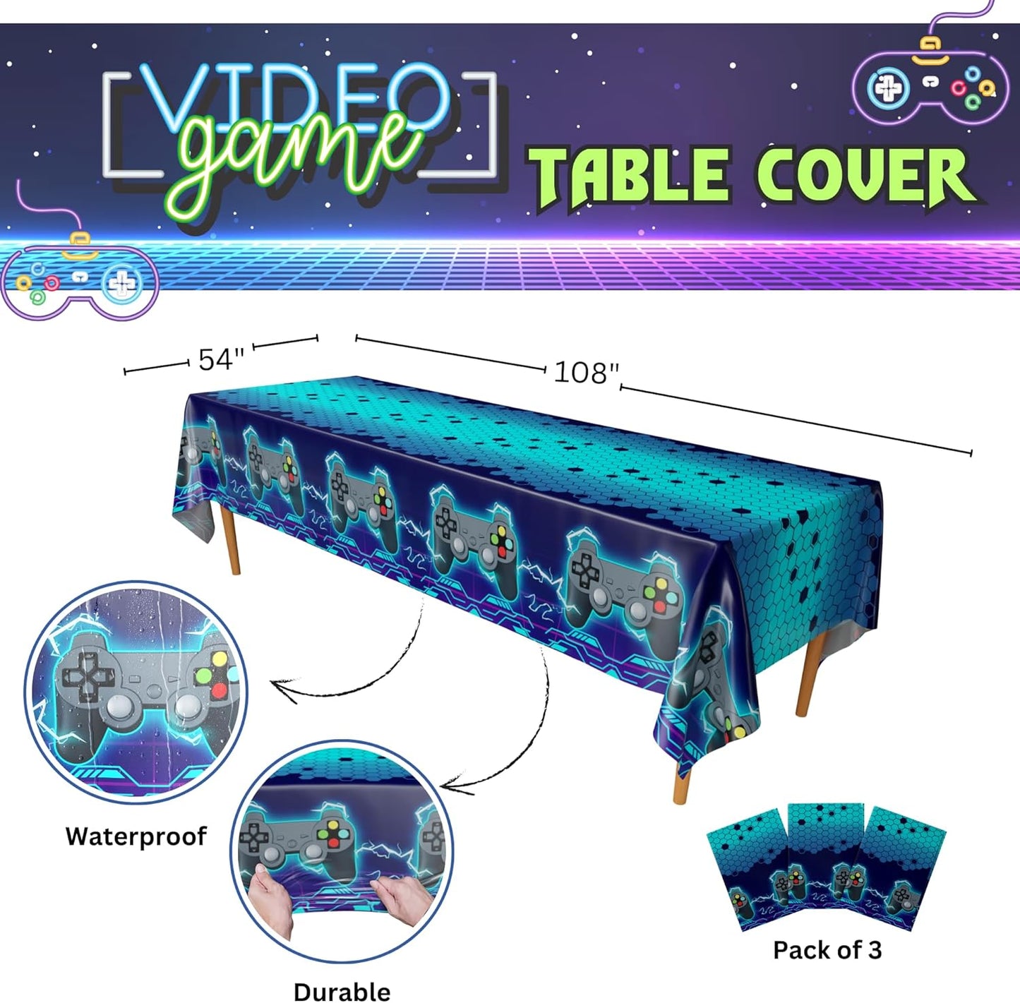 Video Game Table Cover (Neon Blue) - Pack of 3