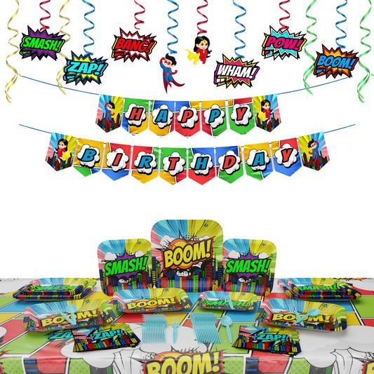 Comic Superhero Deluxe Party Supplies Pack (168 Pieces for 20 Guests)