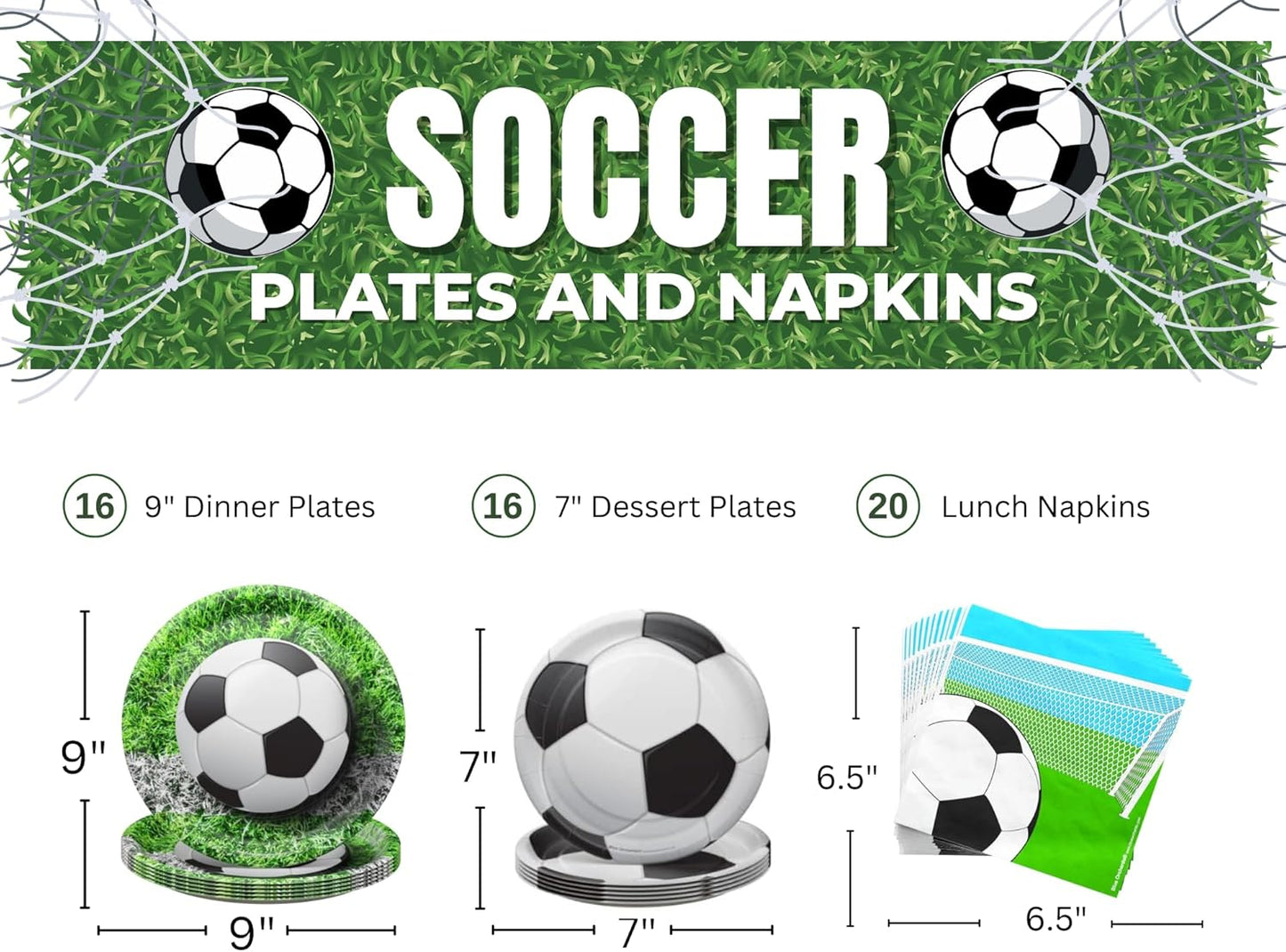 Soccer Plates and Napkins (52 Pieces for 16 Guests)