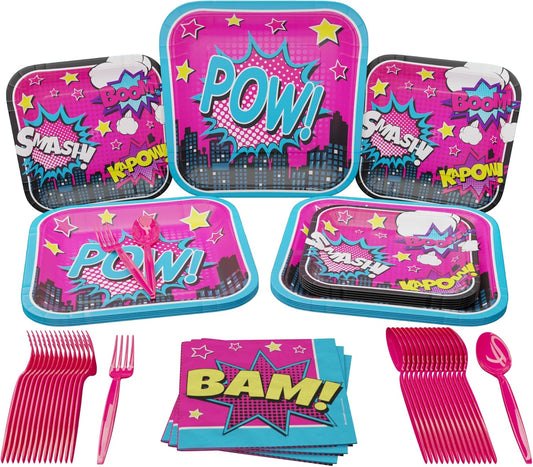 Superhero Girl Party Supplies Packs (For 16 Guests)