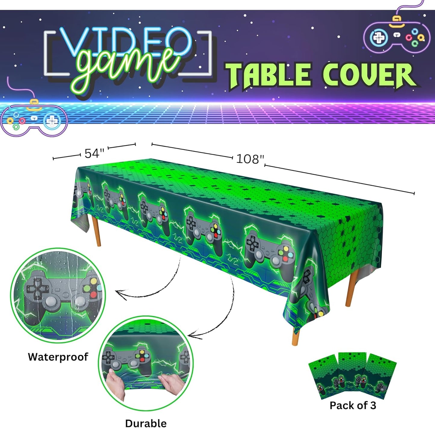 Video Game Table Cover (Neon Green) - Pack of 3