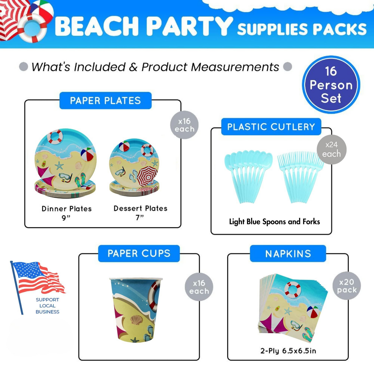 Beach Party Supplies Packs (116 Pieces for 16 Guests)