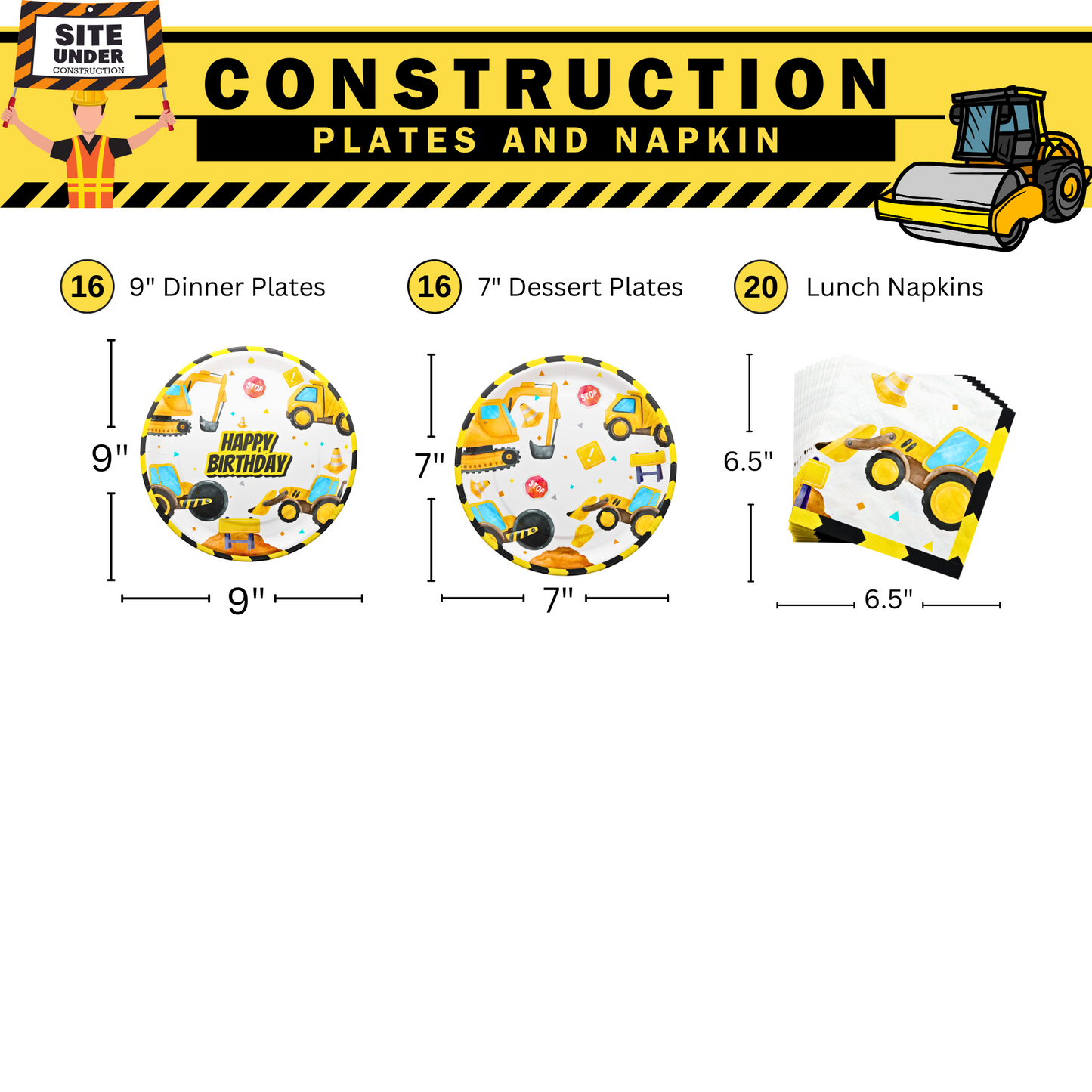 Blue Orchards Construction Plates and Napkins (52 Pieces for 16 Guests)