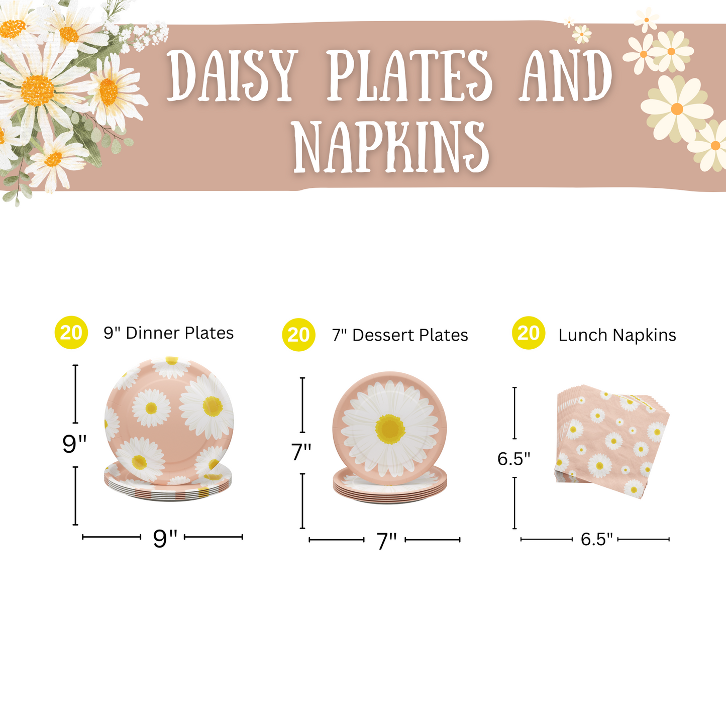 Blue Orchards Daisy Party Plates and Napkins (52 pieces for 16 Guests)