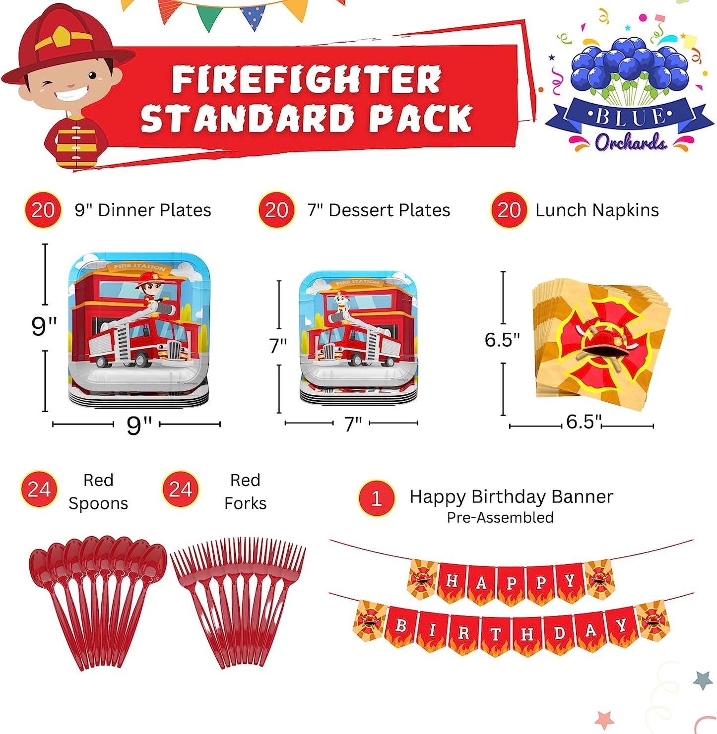 Firefighter Standard Party Supplies Pack (109 Pieces for 20 Guests)