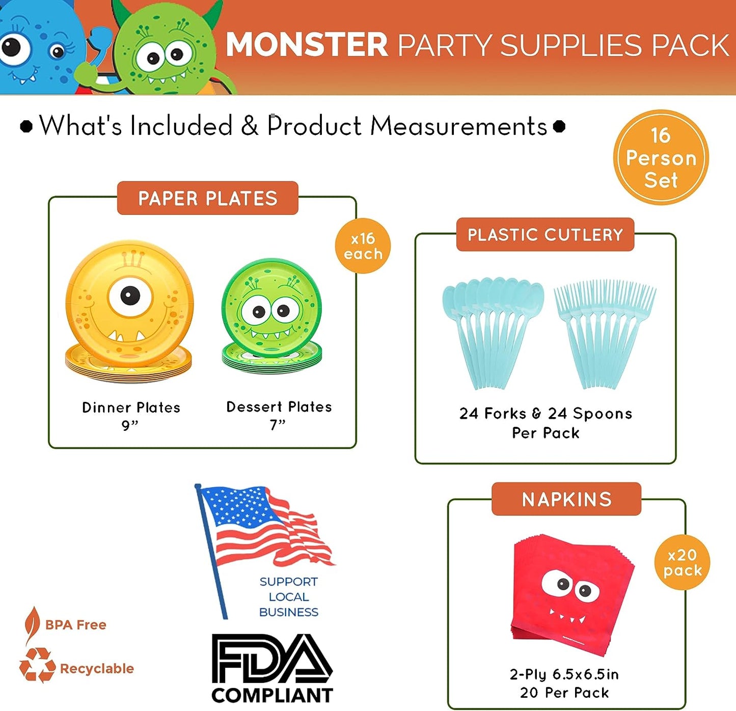 Monster Party Supplies Packs (For 16 Guests)