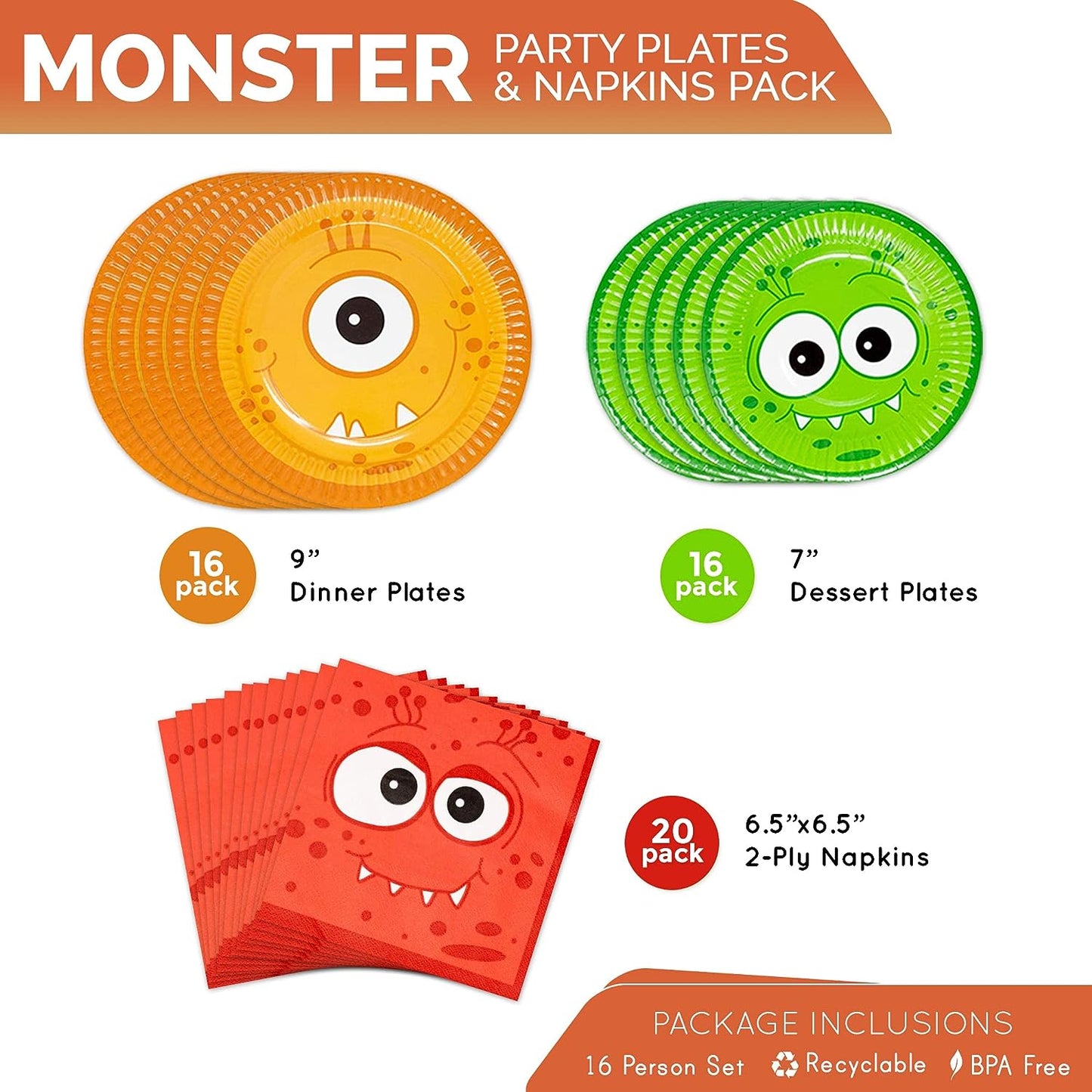Monster Party Plates and Napkins Pack (For 16 Guests)