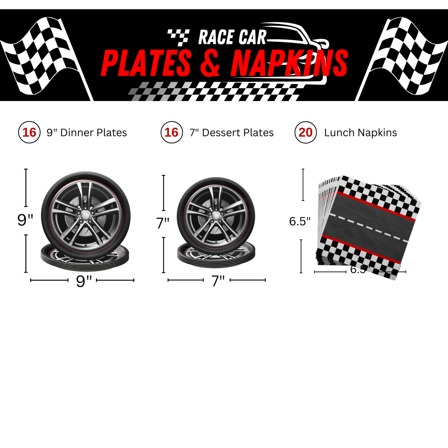 Blue Orchards Race Car Plates and Napkins (52 Pieces for 16 Guests)