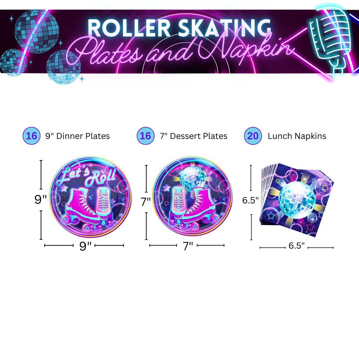 Blue Orchards Roller Skating Party Plates and Napkins (52 Pieces for 20 Guests)