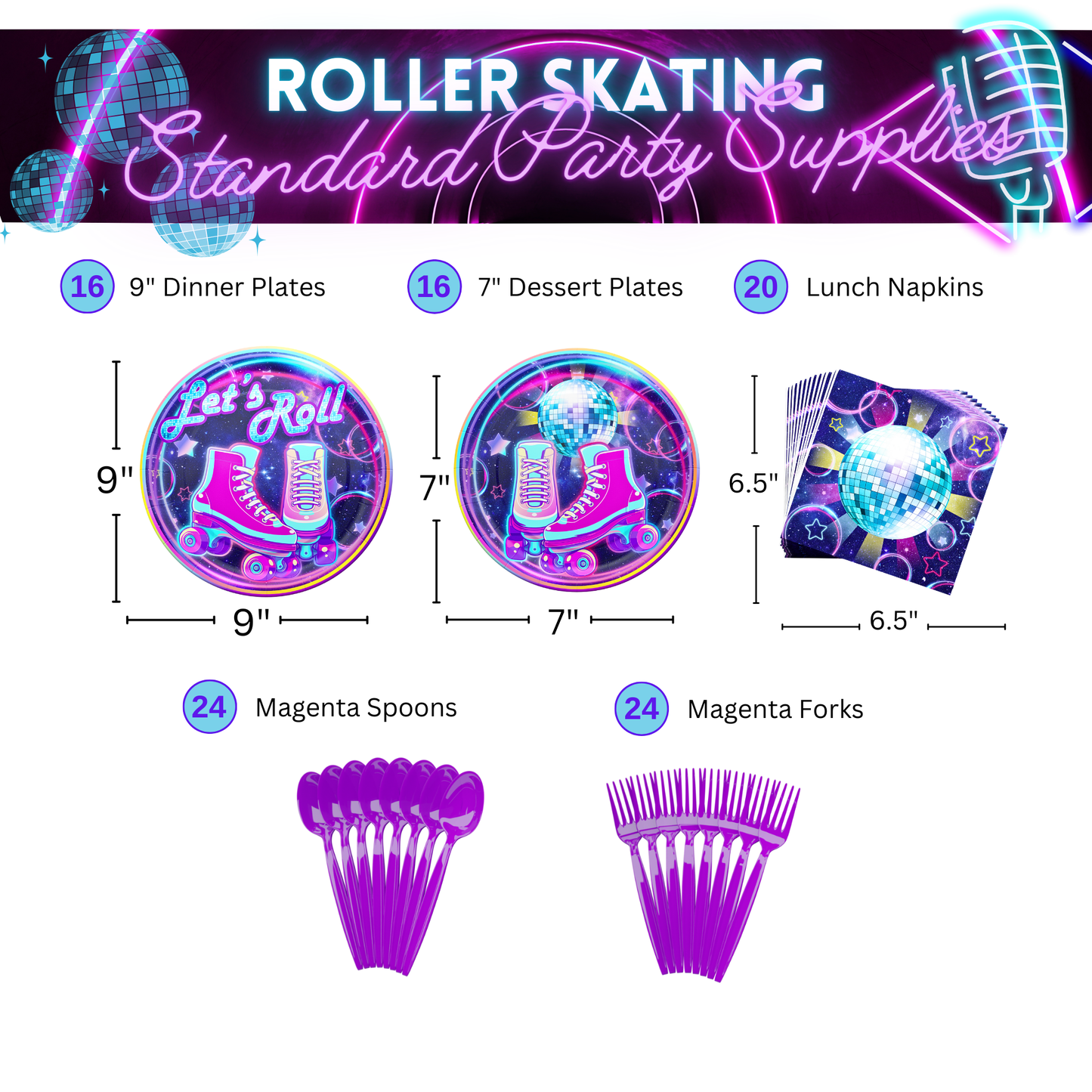 Roller Skating Party Supplies Packs (100 Pieces for 16 Guests)