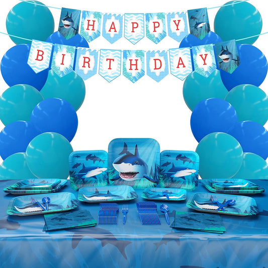 9-inch paper dinner plates, 7-inch paper dessert plates, paper lunch napkins, plastic table covers, banner, royal blue balloons, Teal balloons, blue plastic forks, and blue plastic plastic spoons