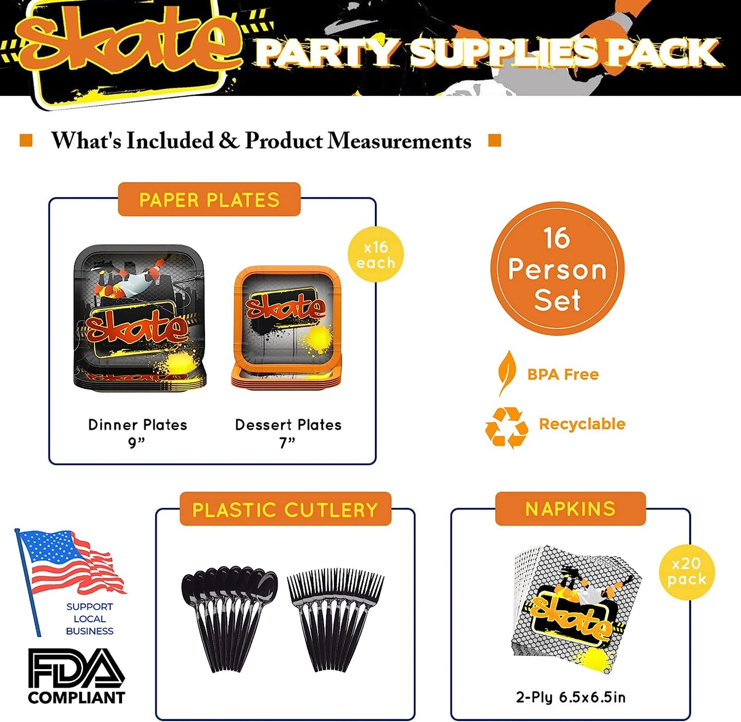 Skate Party Supplies Packs (100 Pieces for 16 Guests)
