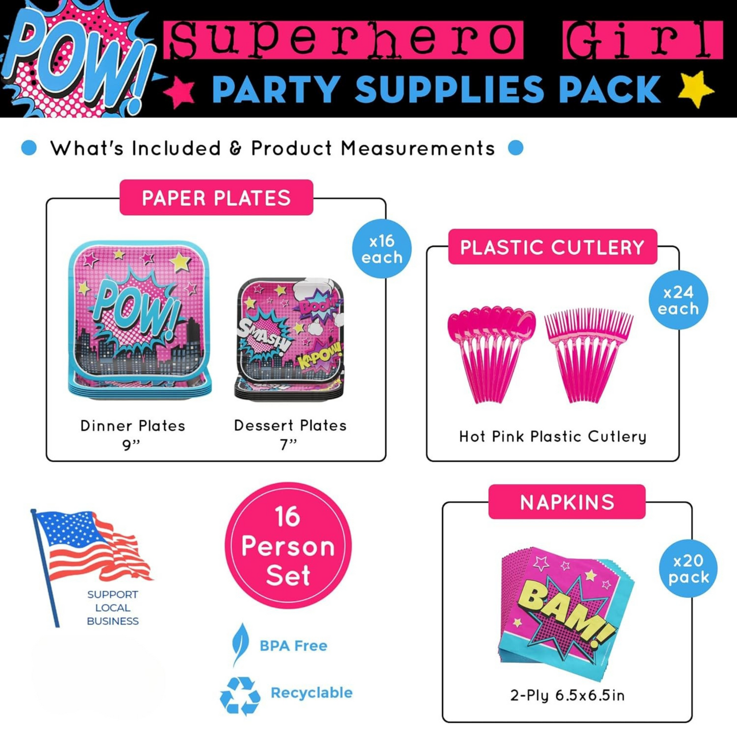 Superhero Girl Party Supplies Packs (For 16 Guests)