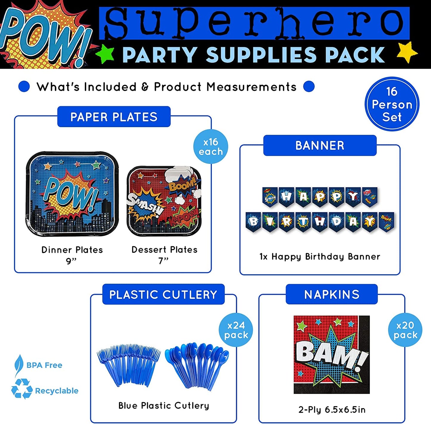 Superhero Party Supplies Packs (For 16 Guests)