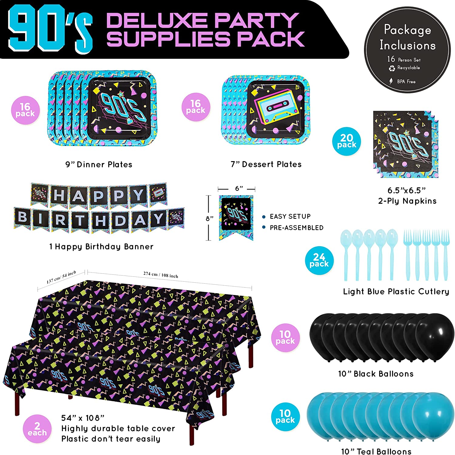 Image of the 90s Deluxe Party Supplies Pack, a complete set of party supplies for any 90s themed celebration. The pack includes 16 9-inch paper dinner plates, 16 7-inch retro style paper dessert plates, 20 neon 90's paper lunch napkins, 2 plastic table covers, 1 happy birthday banner, 10 teal balloons, 10 black balloons, 24 light blue plastic forks, and 24 light blue plastic spoons. Perfect for any 90s themed party, these supplies will add a pop of color and nostalgia to any celebration.