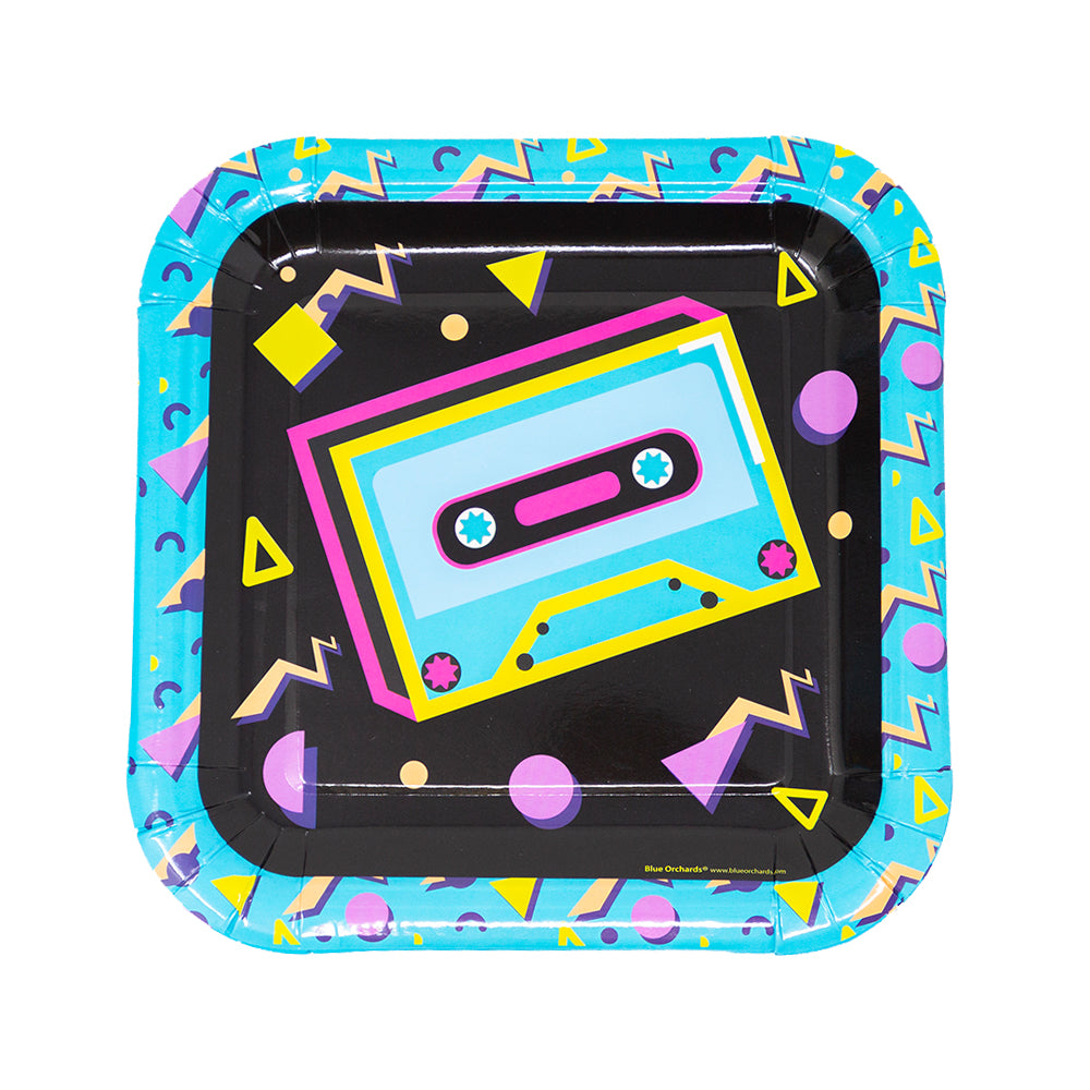 Image of the paper dessert plates featuring a 90s party theme. The plates are 7 inches in diameter and come in a set of 16, featuring a retro design that will add a fun and nostalgic touch to any 90s themed celebration.