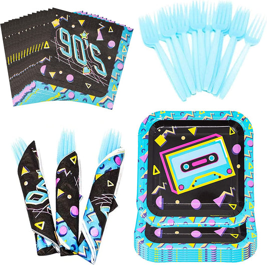 90s 7-inch paper dessert plates, 90s paper lunch napkins, and light blue plastic forks