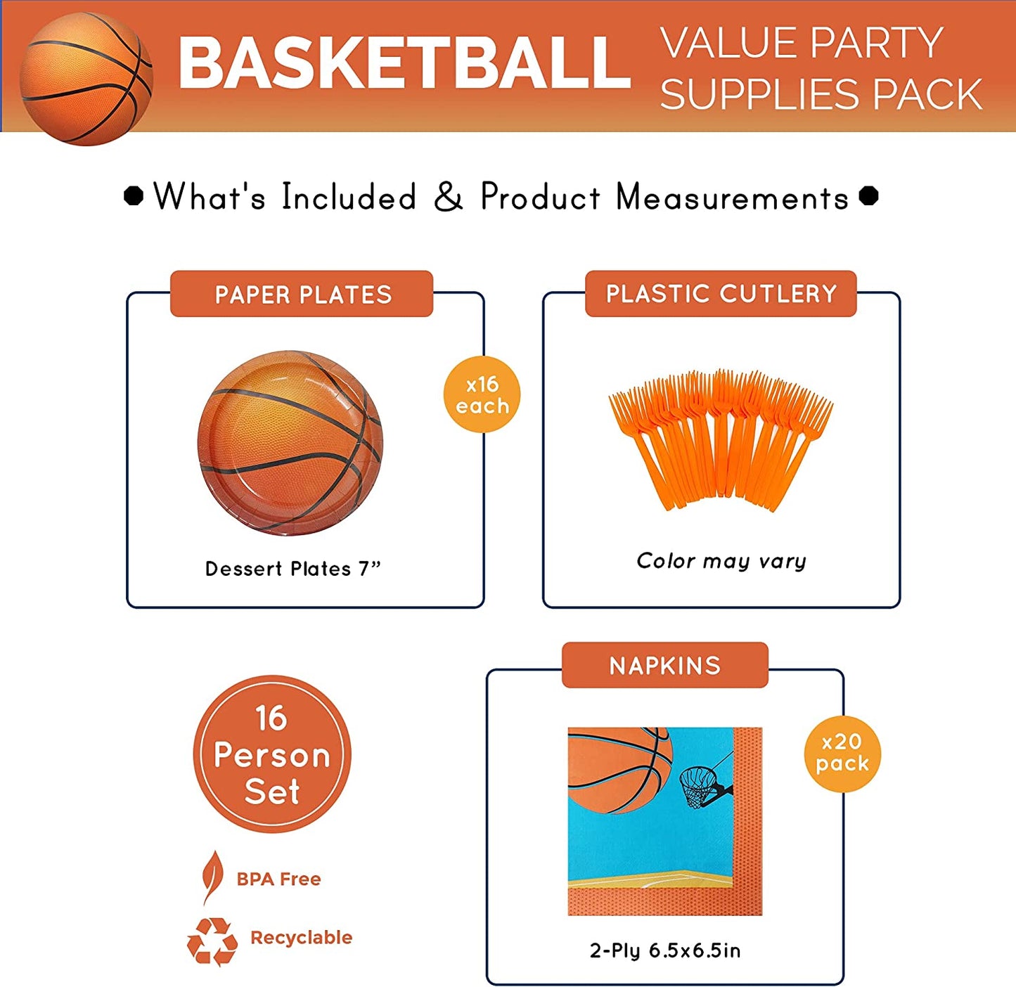 16pcs 7-inch paper dessert basket ball plates, 20pcs paper lunch napkins, and 24pcs orange plastic forks