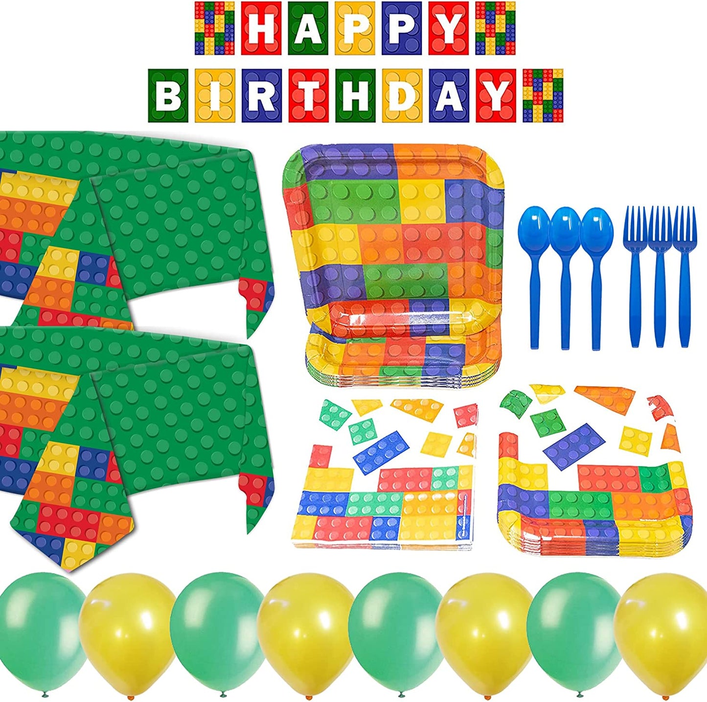 Brick Theme Party Tablewares - dinner plates, dessert plates, fun lunch napkins, birthday banner, Green balloons, yellow balloons, plastic table covers, blue plastic forks, and blue plastic spoons