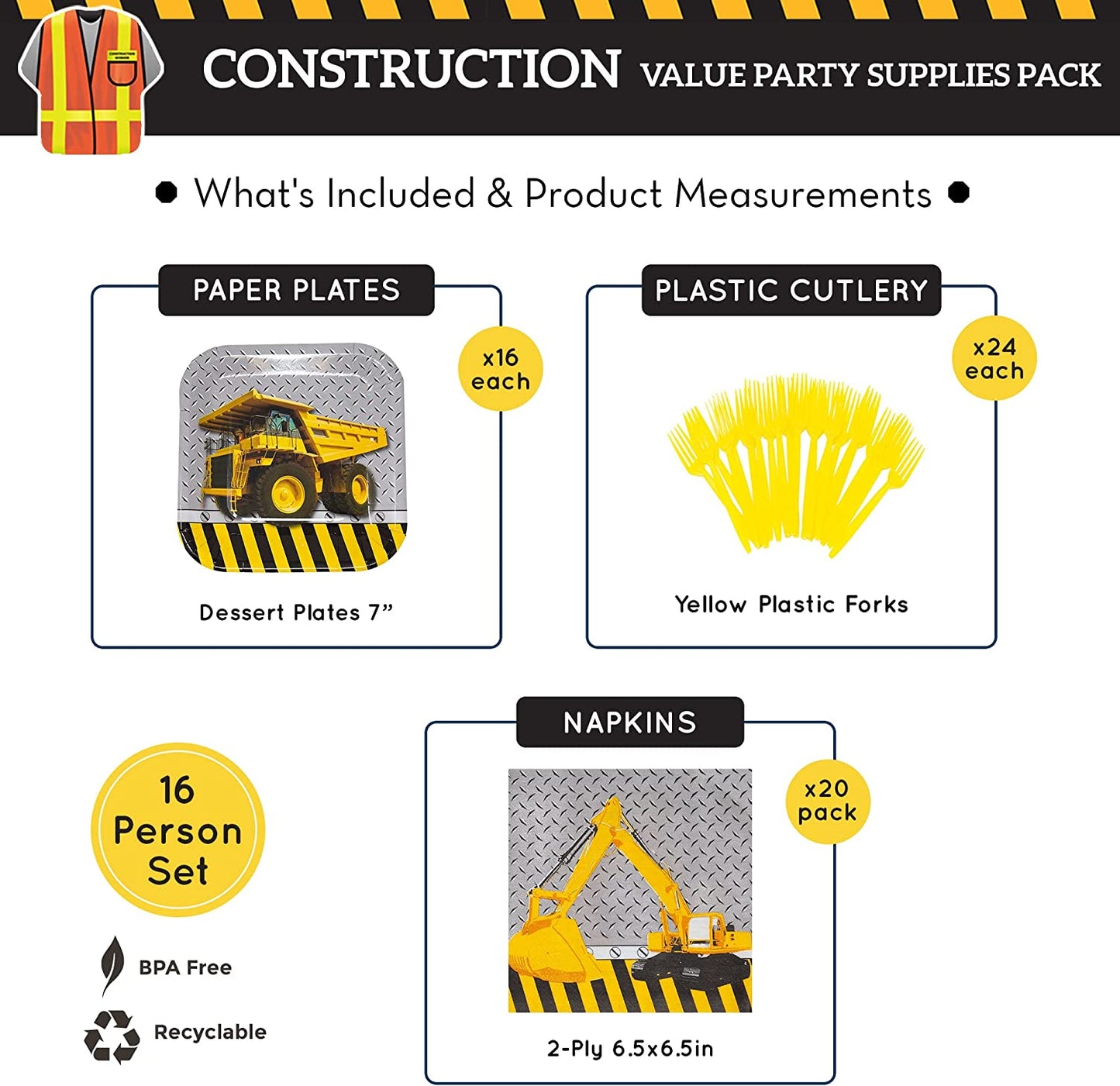 16pcs 7-inch paper dessert plates, 20pcs paper lunch napkins, and 24pcs yellow plastic forks