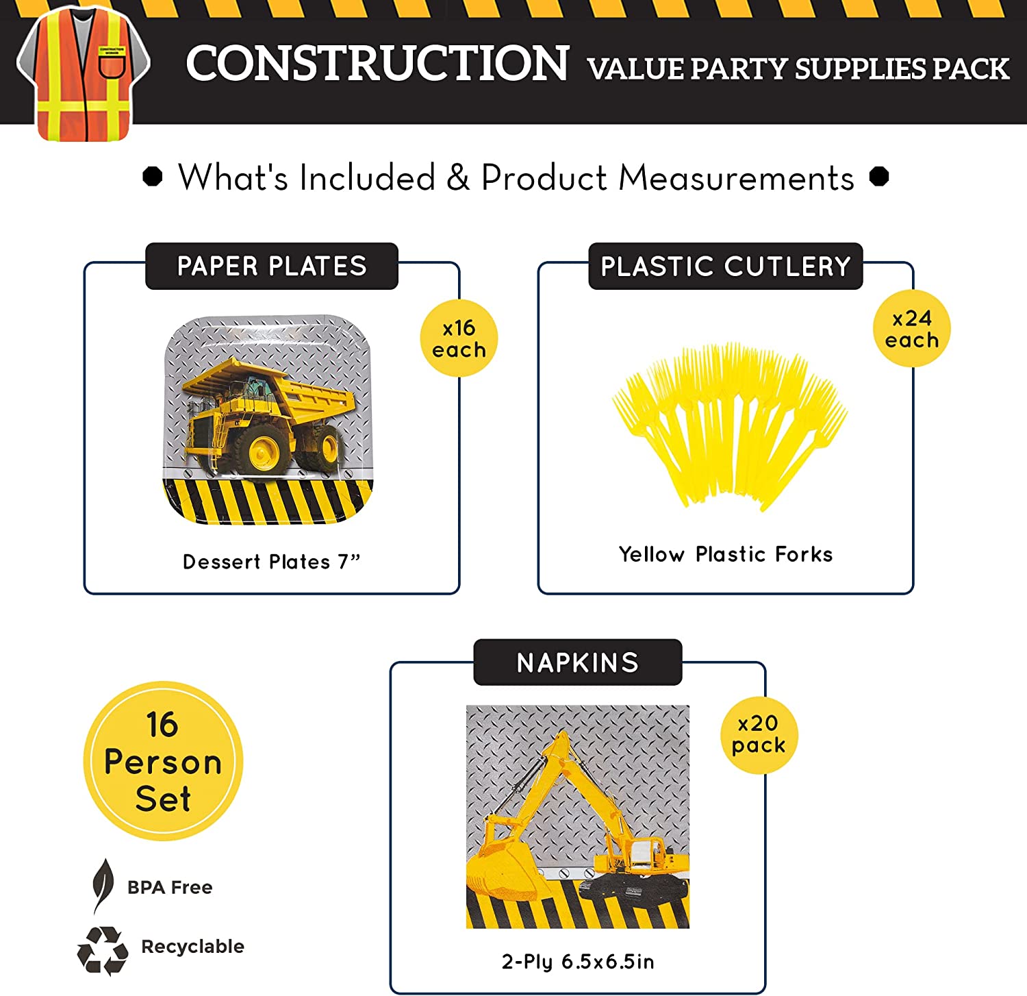 16pcs 7-inch paper dessert plates, 20pcs paper lunch napkins, and 24pcs yellow plastic forks