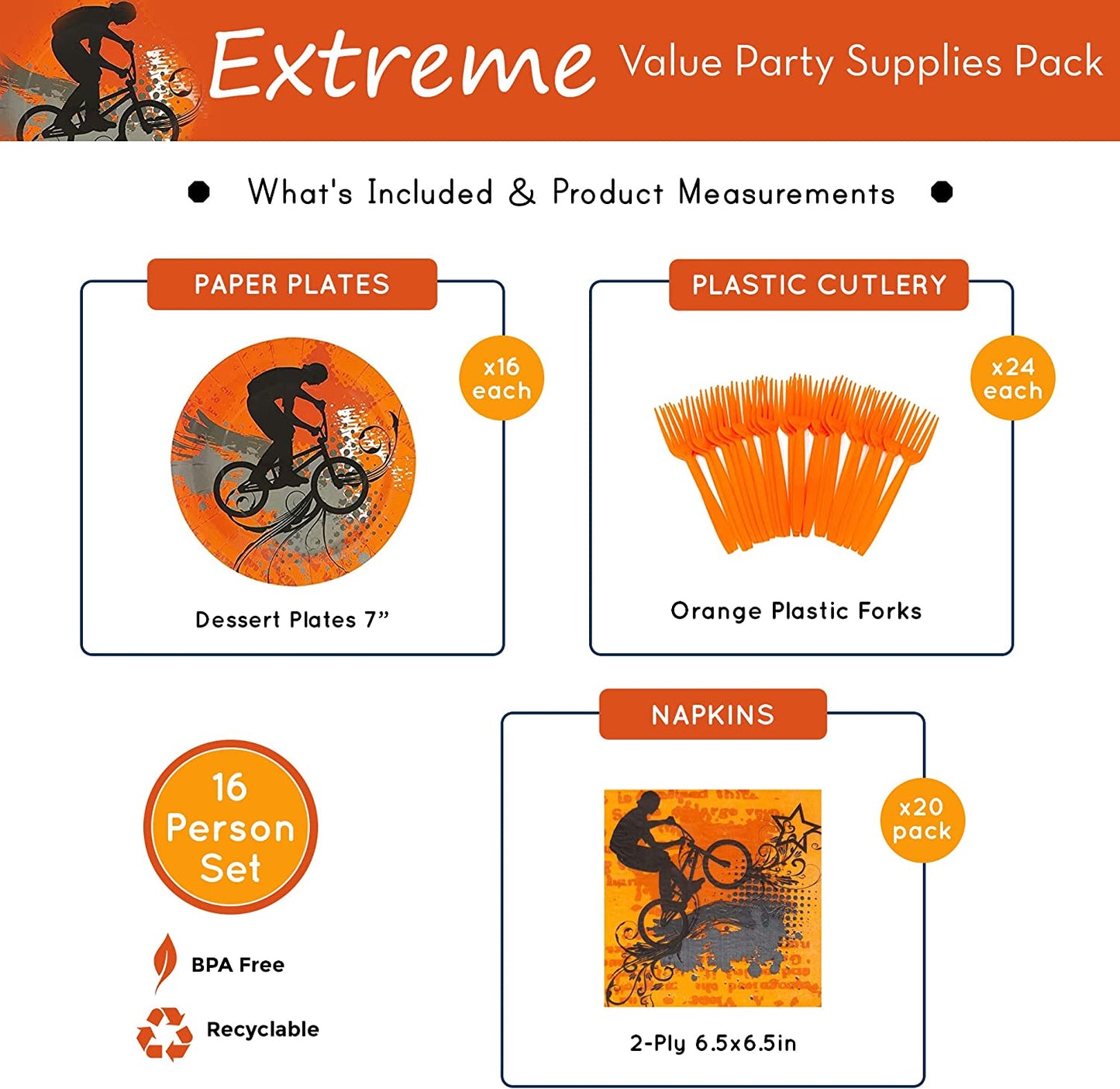 Image of the eXtreme Party Pack, a complete set of party supplies for any celebration. The pack includes 16 paper dessert plates, 20 lunch napkins, and 24 orange plastic forks.