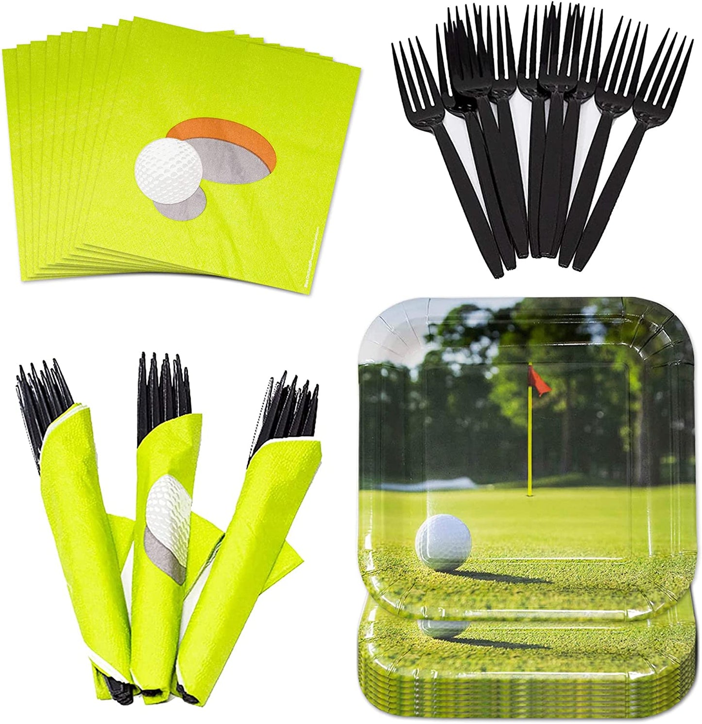 Image of the Our Golf Party Pack, a complete set of party supplies for any golf-themed celebration. The pack includes 16 7-inch paper dessert plates, 20 paper lunch napkins, and a set of plastic forks. Perfect for any golf enthusiast or golf-themed party, these supplies will add a fun and sporty touch to your event.