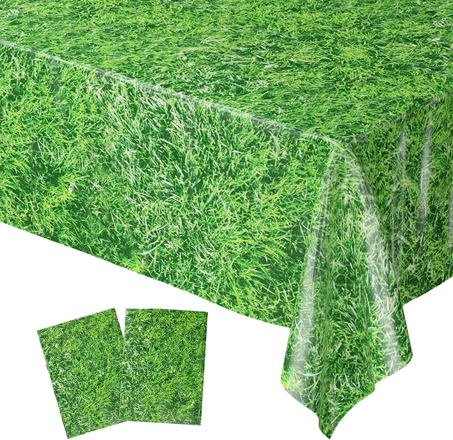 Image of the Grass Table Covers, a pack of two XL-sized table covers measuring 54"x108". These table covers are perfect for a variety of nature-themed parties, including jungle parties, woodland birthdays, and safari-themed events. They feature a realistic grass design and can be used as a jungle table cover, dinosaur party decoration, or baby shower tablecover.