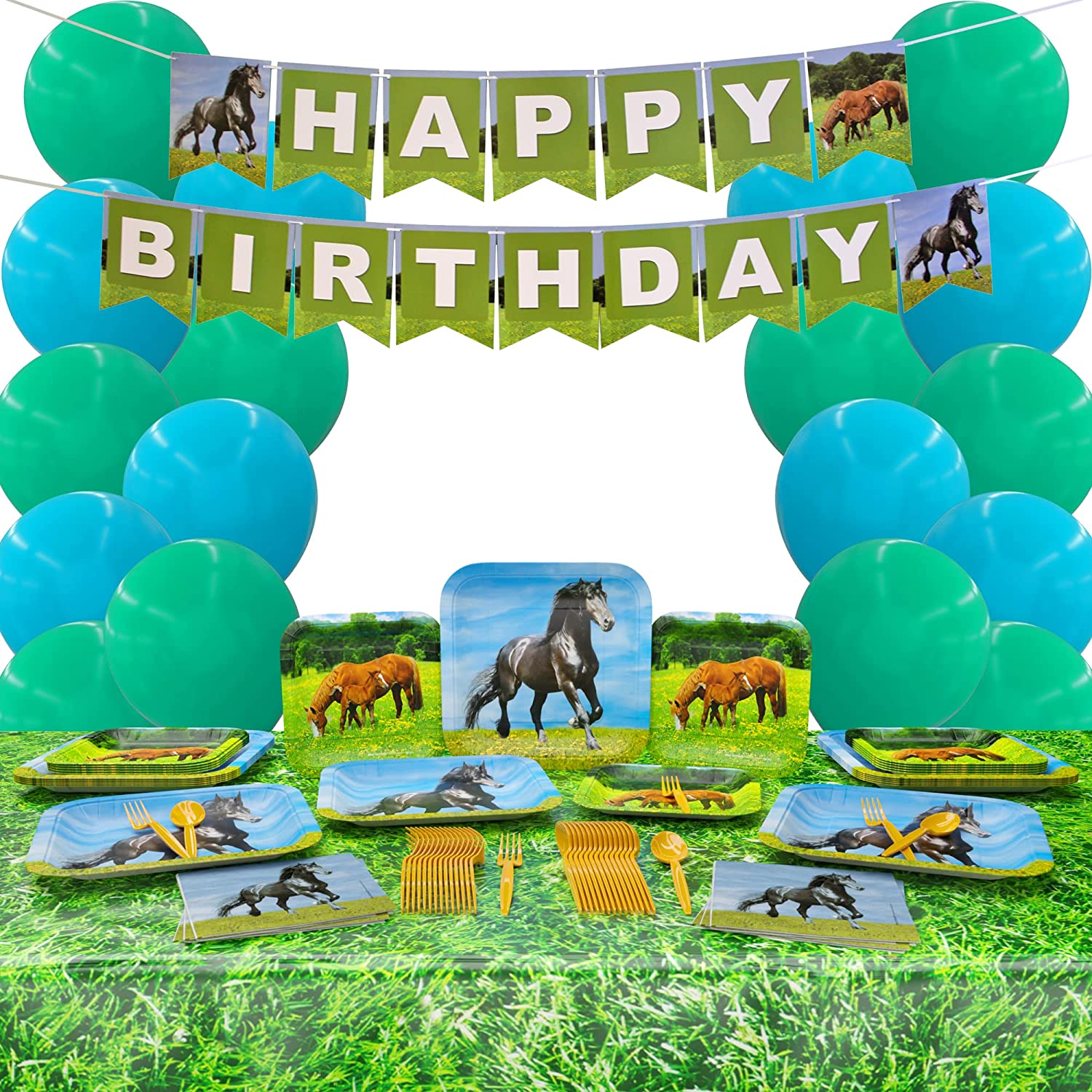 Image of the Horse Deluxe Party Supplies Pack for up to 16 guests. The pack contains 16 9-inch dinner plates, 16 7-inch dessert plates, and 20 lunch napkins, all featuring a fun and colorful horse design. It also includes a happy birthday banner, 24 brown forks, and 24 brown spoons for easy and convenient serving. Additionally, the pack comes with 2 108"x54" grass table covers, 10 forest green balloons, and 10 teal balloons to help you decorate your party space in style.