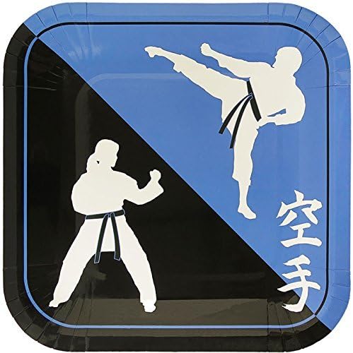 A pack of sixteen karate-themed 9" dinner paper plates, designed for a Karate birthday party or themed event. Made of sturdy paper material, these plates are perfect for serving meals to guests.