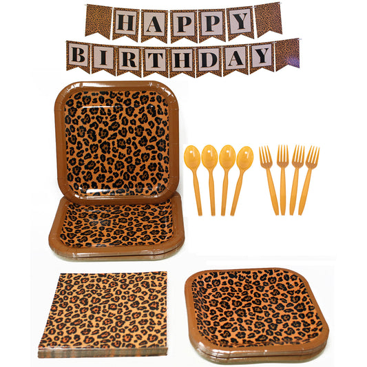 Leopard Print Party Pack includes 16 9-inch paper dinner plates, 16 7-inch paper dessert plates, 20 paper lunch napkins, 1 happy birthday banner, 24 brown plastic forks, and 24 brown plastic spoons.