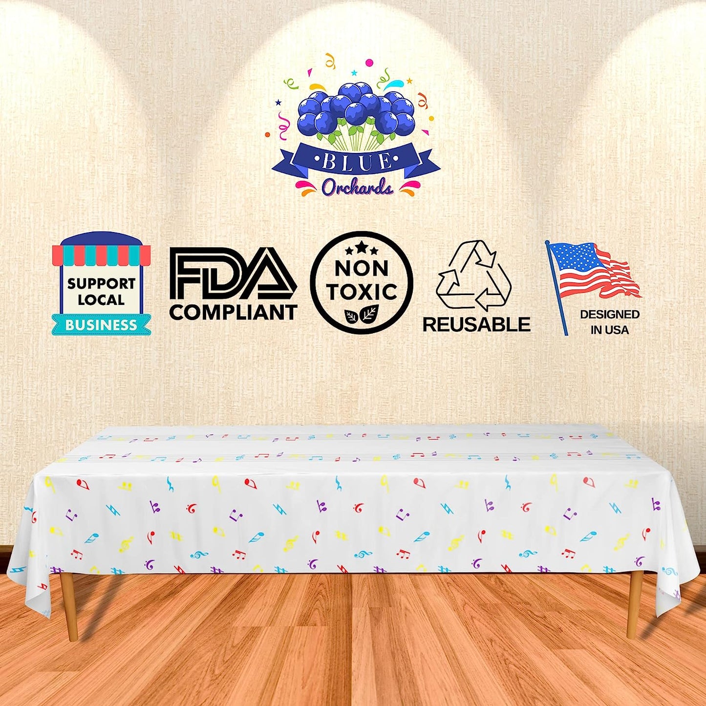 Image of an FDA complieant, non toxic, reusable, and designed in USA music-themed table cover draped over a square table, measuring approximately 108" x 54", suitable for adding a note-filled style to a party table and creating lasting memories.