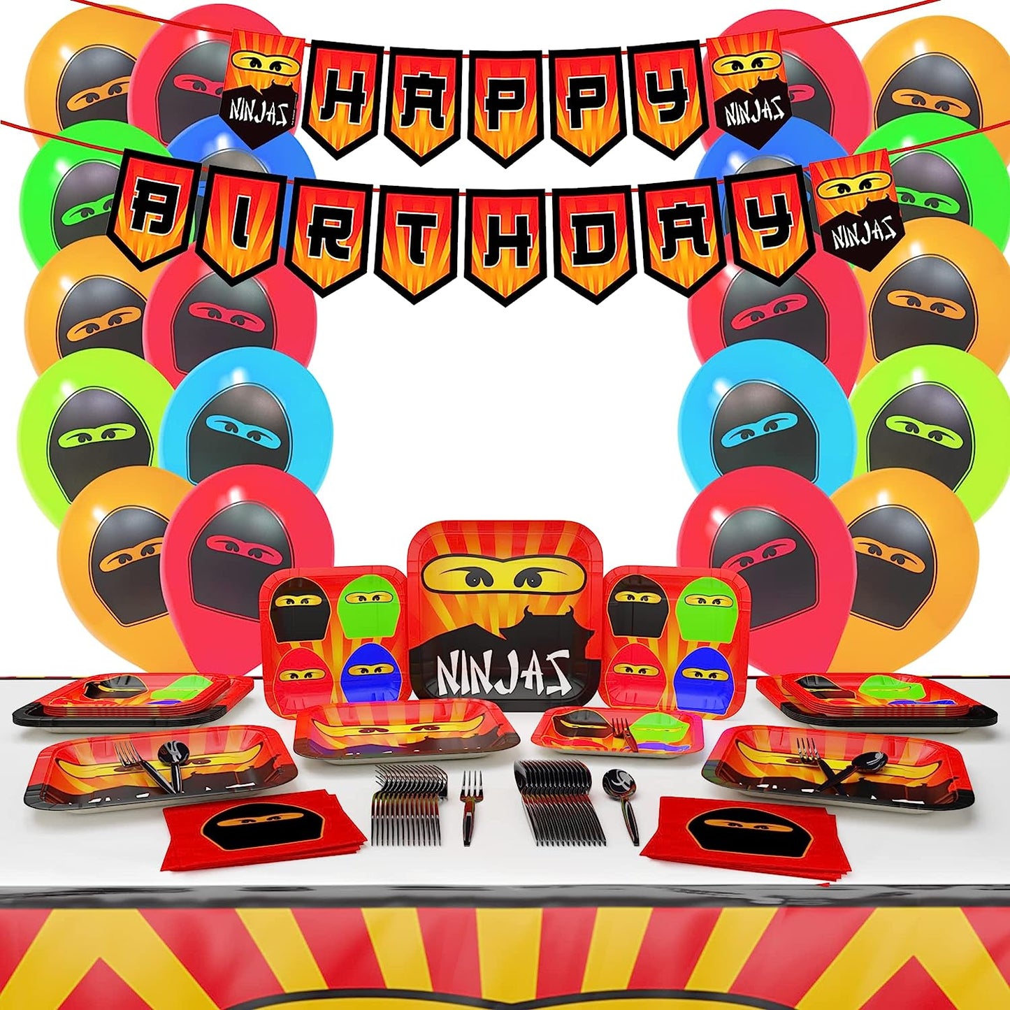 Image of a complete party supplies pack with a Ninja Master theme, including 16 paper dinner plates, 16 paper dessert plates, 20 paper lunch napkins, 1 happy birthday banner, 24 latex balloons, 2 plastic table covers measuring 54"x 108" each, 24 plastic forks, and 24 plastic spoons.