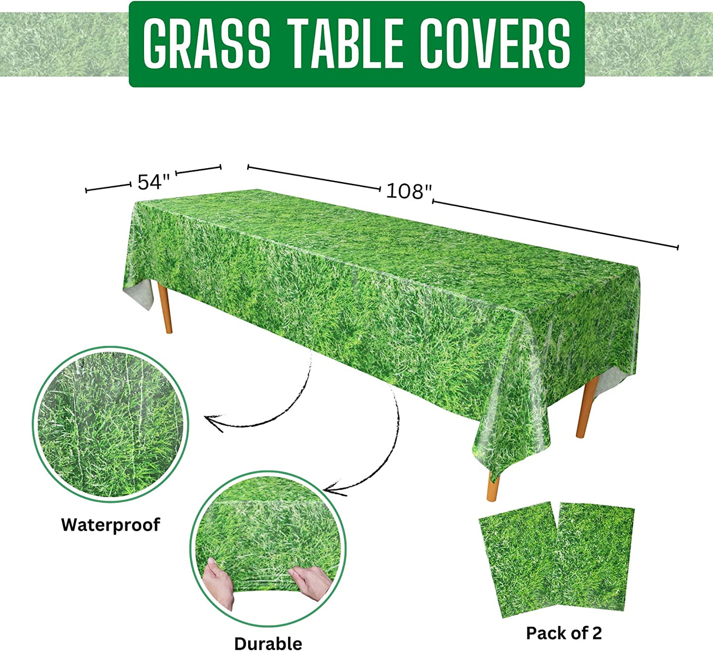Image of the Waterproof and Durable Grass Table Covers, a pack of two XL-sized table covers measuring 54"x108". These table covers are perfect for a variety of nature-themed parties, including jungle parties, woodland birthdays, and safari-themed events. They feature a realistic grass design and are made of waterproof and durable materials, ensuring long-lasting use.