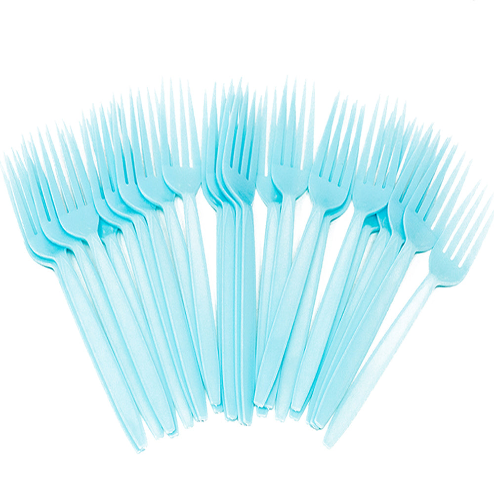 Image of the light blue plastic spoons, designed to match 90s theme parties. These spoons come in a set of 24 and are perfect for adding a pop of color and nostalgia to any 90s themed celebration or party.