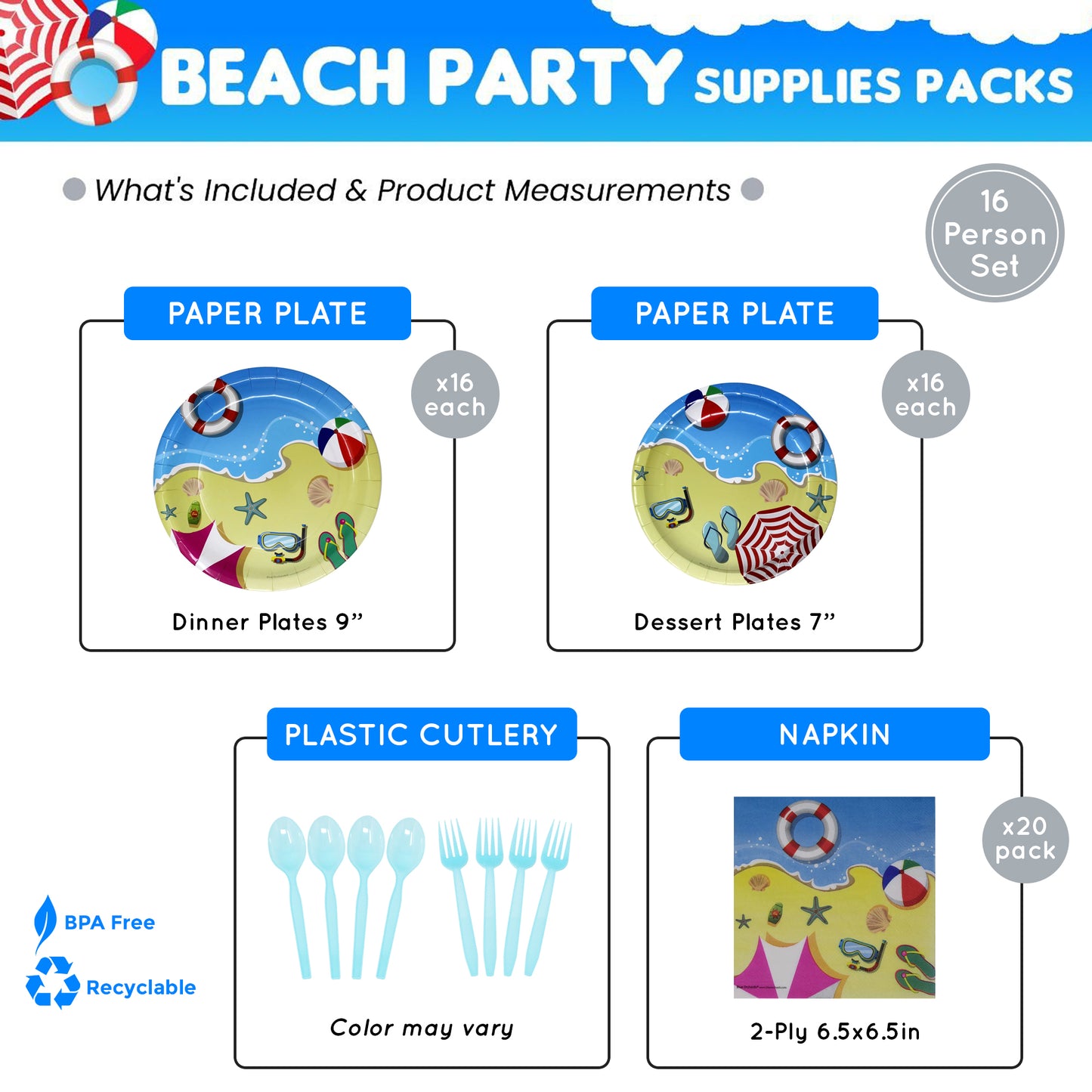16pcs quality dinner plates, 16pcs dessert plates, 20pcs matching lunch napkins, 24pcs plastic forks, and 24pcs plastic spoons