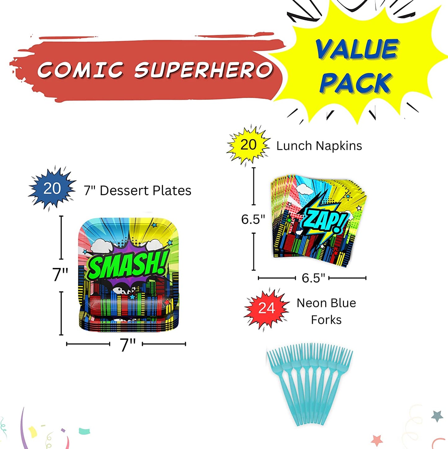 Comic Superhero Value Party Supplies Pack (64 Pieces)