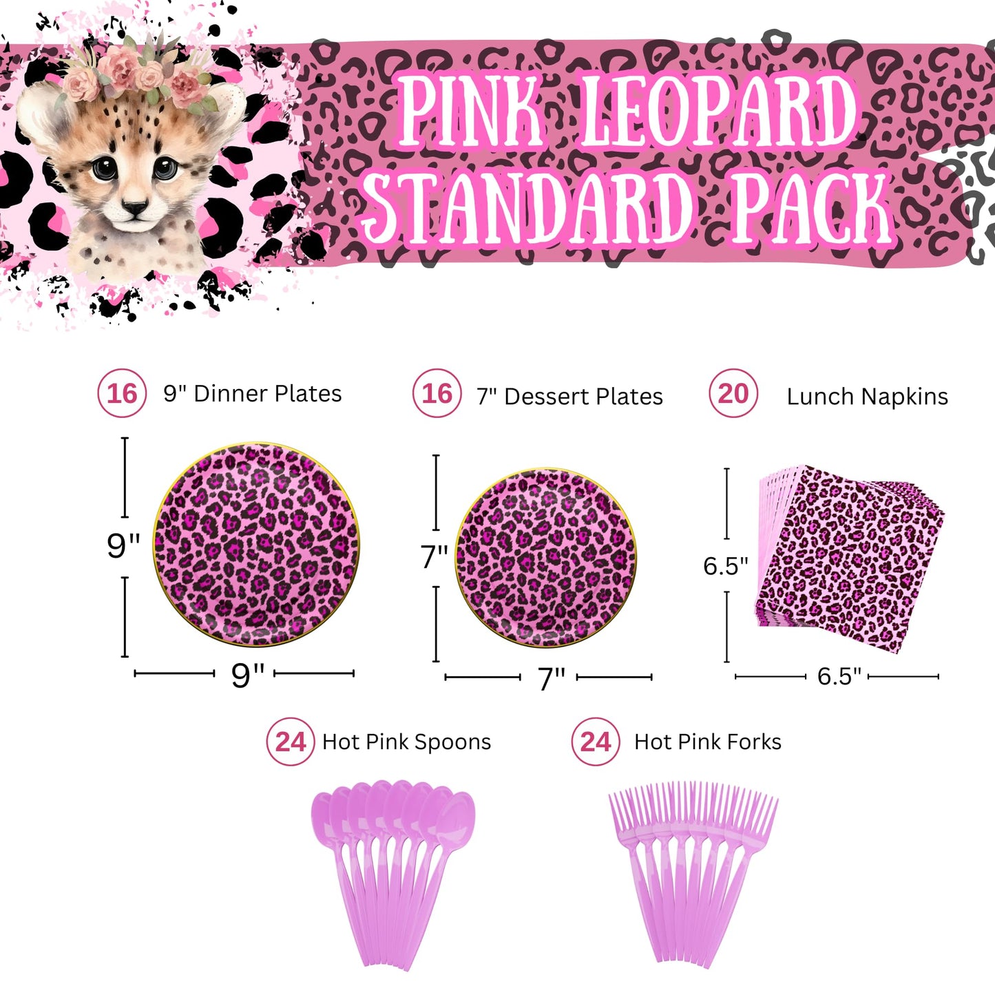 Pink Leopard Party Supplies Packs (100 Pieces for 16 Guests)