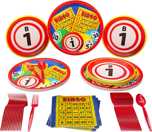 Each Bingo Party Pack (serves 16) includes: paper 9-inch dinner plates,  7-inch paper dessert plates, paper lunch napkins, plastic forks, and plastic spoons! PLEASE NOTE: FORK AND SPOON COLOR MAY VARY!